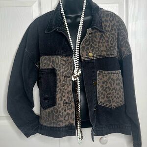 Chic Leopard Accent Print Distressed Black  Jean Jacket Oversized Fit